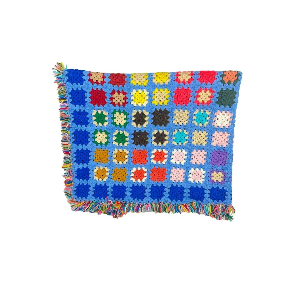 Vintage Granny Square Afghan Blanket Blue Multi Handmade Crochet Motifs Fringe